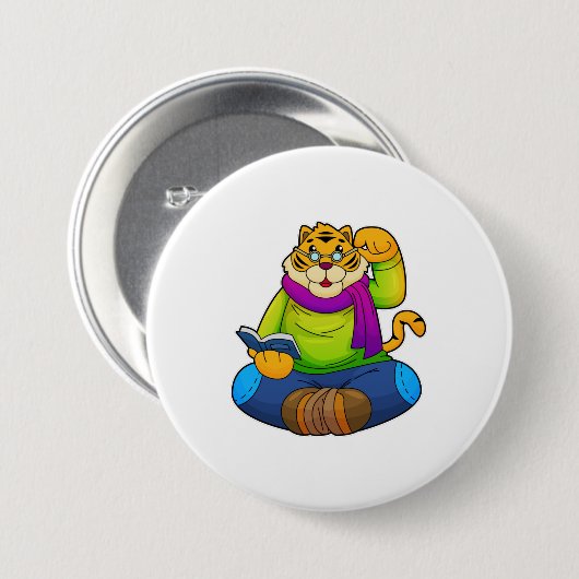 Tiger als Nerd mit Buch Button (Vorne & Hinten)