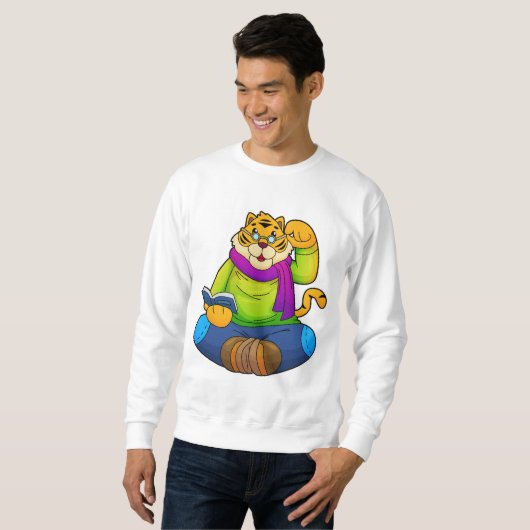 Tiger als Nerd mit Buch Sweatshirt (Vorne ganz)