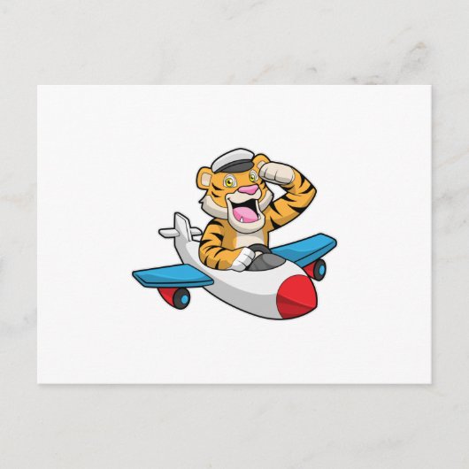 Tiger als Pilot im Flugzeug Postkarte (Vorderseite)