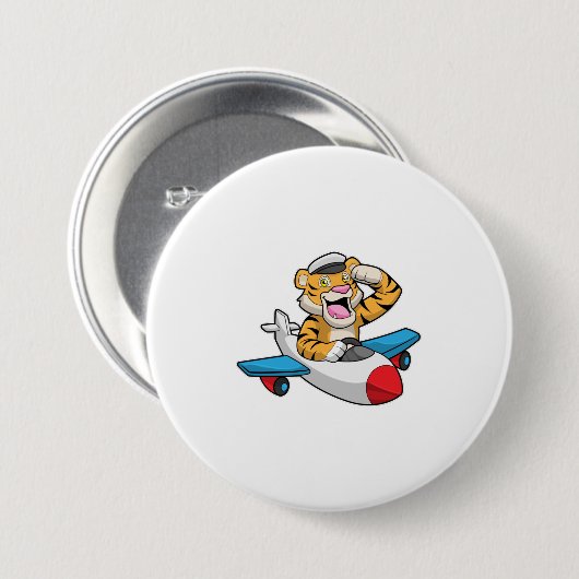 Tiger als Pilot in Flugzeuge Button (Vorne & Hinten)