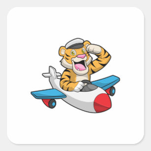Tiger als Pilot in Flugzeuge Quadratischer Aufkleber