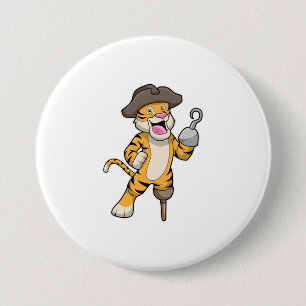 Tiger als Pirate mit Holzbein und Hooker Hand Button