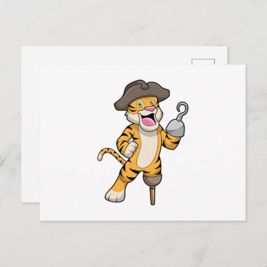 Tiger als Pirate mit Holzbein und Hooker Hand Postkarte (Vorne/Hinten)