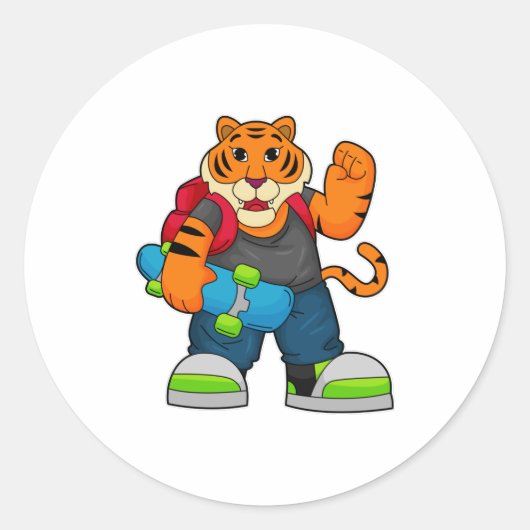 Tiger als Skater mit Skateboard Runder Aufkleber (Vorderseite)