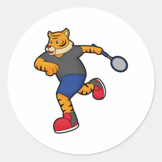 Tiger als Tennisspieler mit Tennisschläger Runder Aufkleber (Vorderseite)