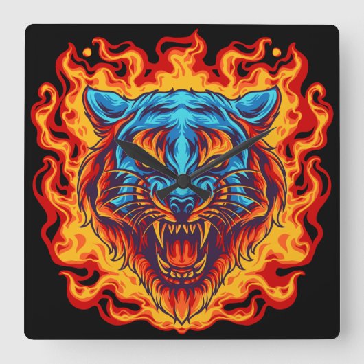 Tiger am Feuer Quadratische Wanduhr (Vorderseite)
