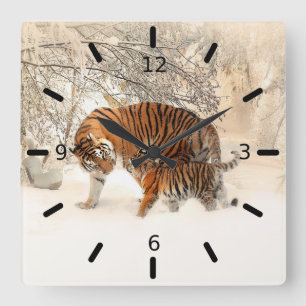 Tiger And Cub Quadratische Wanduhr