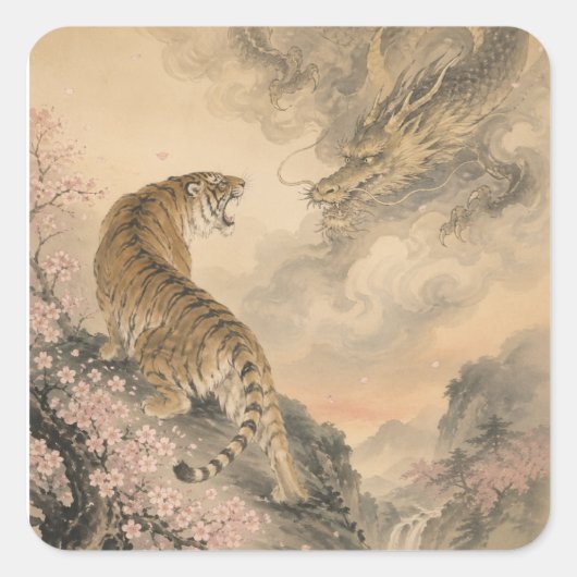 tiger and doragon quadratischer aufkleber (Vorderseite)