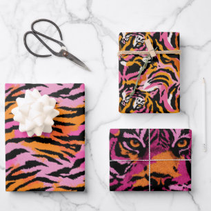 Tiger Animal Print Pink & Orange Retro Glamour Geschenkpapier Set