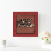 Tiger - Antike, farbenfrohe Buchillustration Quadratische Wanduhr (Zuhause)