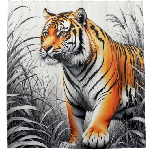 Tiger Art Farbe teilweise Schwarz-weiß Zeichnend Duschvorhang (Vorderseite)