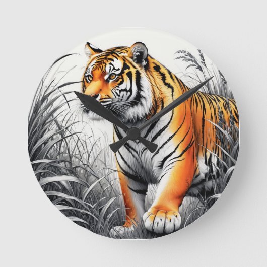 Tiger Art Farbe teilweise Schwarz-weiß Zeichnend Runde Wanduhr (Vorderseite)