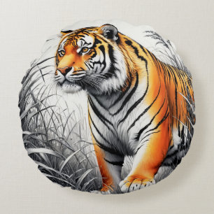 Tiger Art Farbe teilweise Schwarz-weiß Zeichnend Rundes Kissen