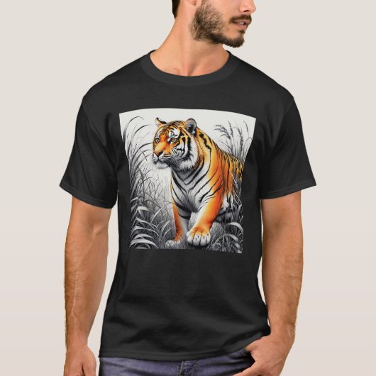 Tiger Art Farbe teilweise Schwarz-weiß Zeichnend T-Shirt (Vorderseite)