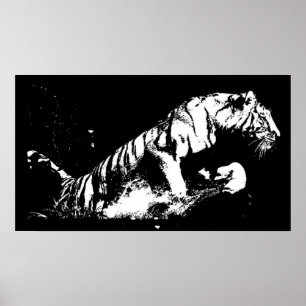 Tiger Attacken Poster Print - Tiger Black & White