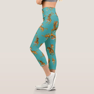 Tiger auf Aquamarinem Muster Capri Leggings