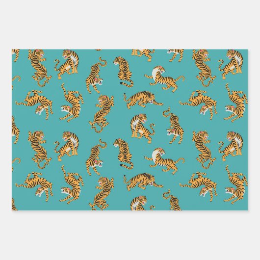 Tiger auf Aquamarinem Muster Geschenkpapier Set (Vorderseite 2)