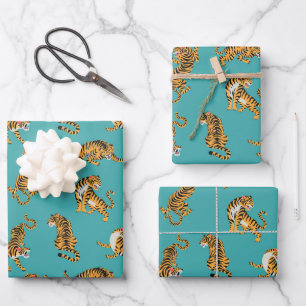 Tiger auf Aquamarinem Muster Geschenkpapier Set