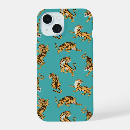 Tiger auf Aquamarinem Muster iPhone 15 Hülle (Rückseite)