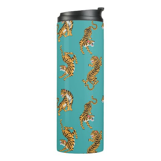 Tiger auf Aquamarinem Muster Thermosbecher (Nach links gedreht)