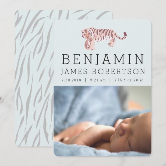 Tiger Baby Boy Blue Birth Announcement Card Einladung (Vorne/Hinten)