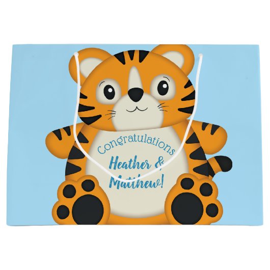 Tiger Baby Dusche Blue Große Geschenktüte (Vorderseite)