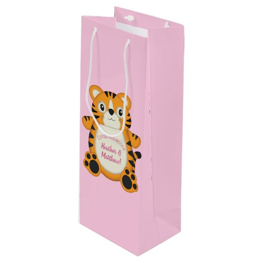 Tiger Baby Dusche Rosa Geschenktüte Für Weinflaschen (Vorderseite Schrägansicht)