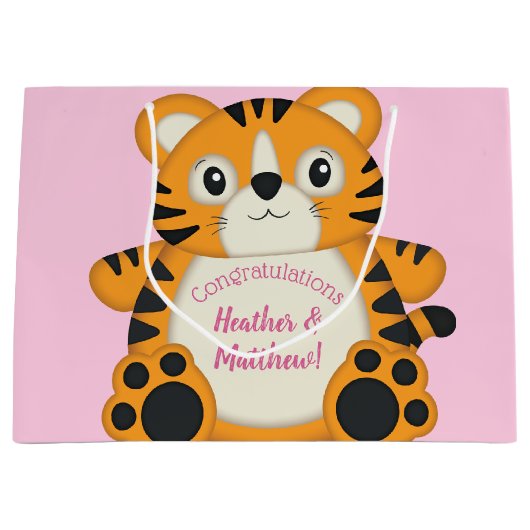 Tiger Baby Dusche Rosa Große Geschenktüte (Vorderseite)