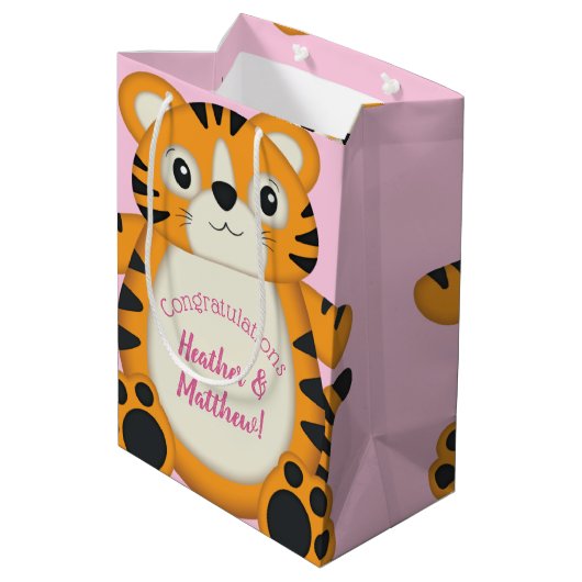 Tiger Baby Dusche Rosa Mittlere Geschenktüte (Rückseite Schrägansicht)