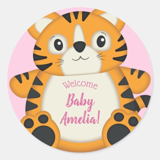 Tiger Baby Dusche Rosa Runder Aufkleber (Vorderseite)