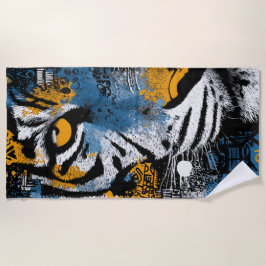 Tiger Beach Towel – Bold Yellow Blue Graphic Art Strandtuch