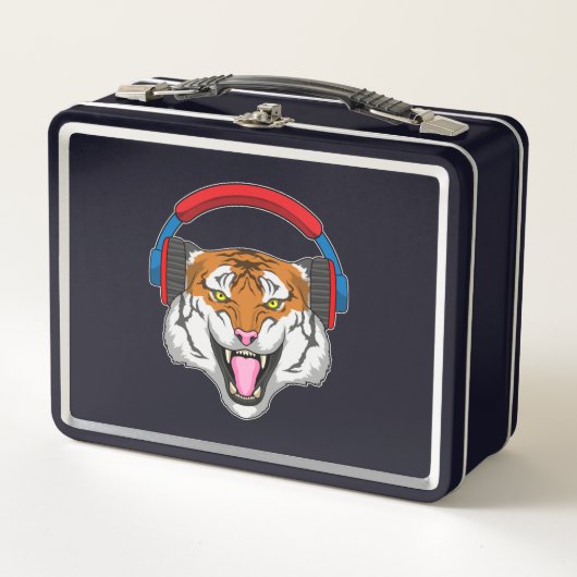Tiger bei Musik mit Headphone Metall Brotdose (Vorderseite)