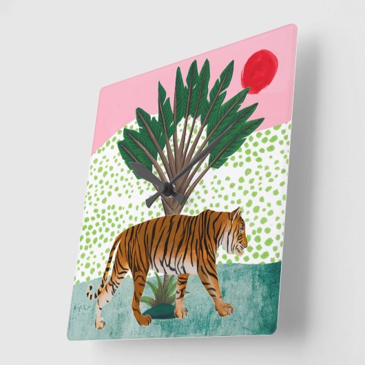 Tiger bei Sonnenuntergang Quadratische Wanduhr (Winkel)