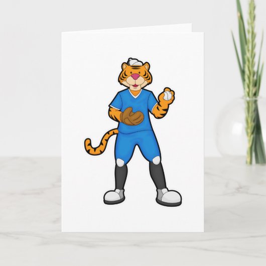 Tiger beim Baseball mit Baseballhandschuh und Mütz Karte (Vorderseite)