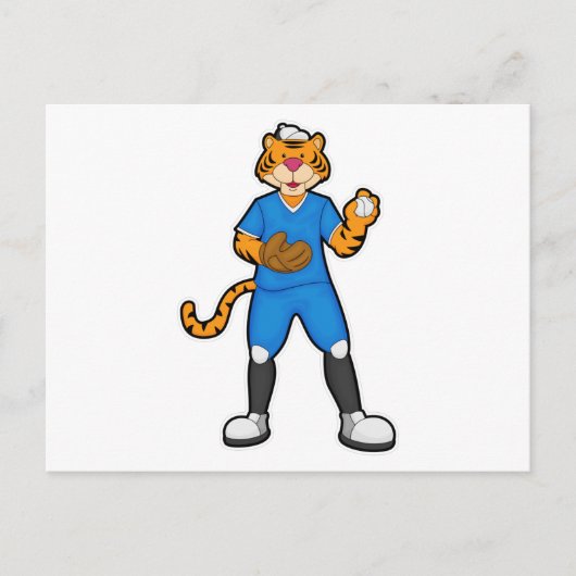 Tiger beim Baseball mit Baseballhandschuh und Mütz Postkarte (Vorderseite)