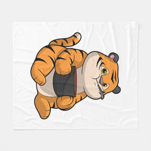 Tiger beim Essen mit Bowl Fleecedecke (Vorderseite (Horizontal))