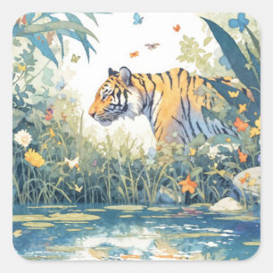 Tiger beim Spaziergang am Teich in einem üppigen W Quadratischer Aufkleber