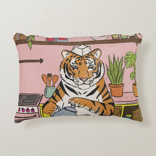 Tiger beim Teekochen Dekokissen (Vorderseite)