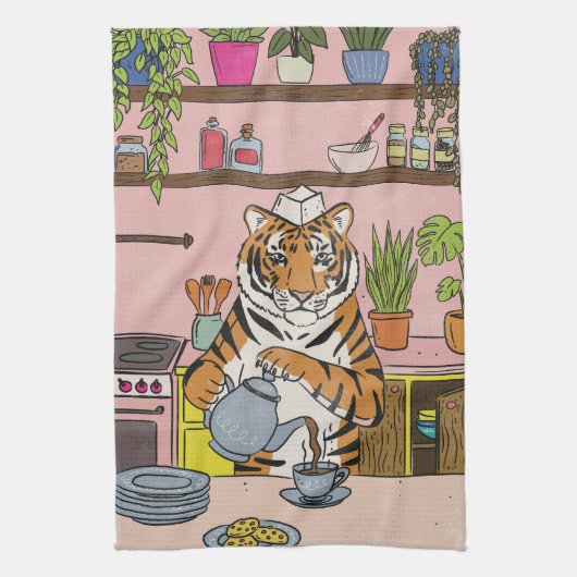 Tiger beim Teetrinken Geschirrtuch (Vertikal)