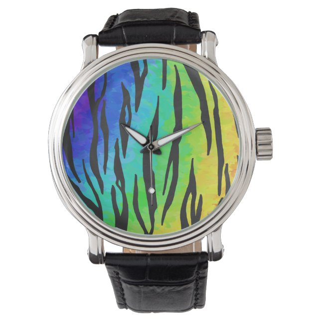 Tiger Black and Rainbow Print Armbanduhr (Vorderseite)