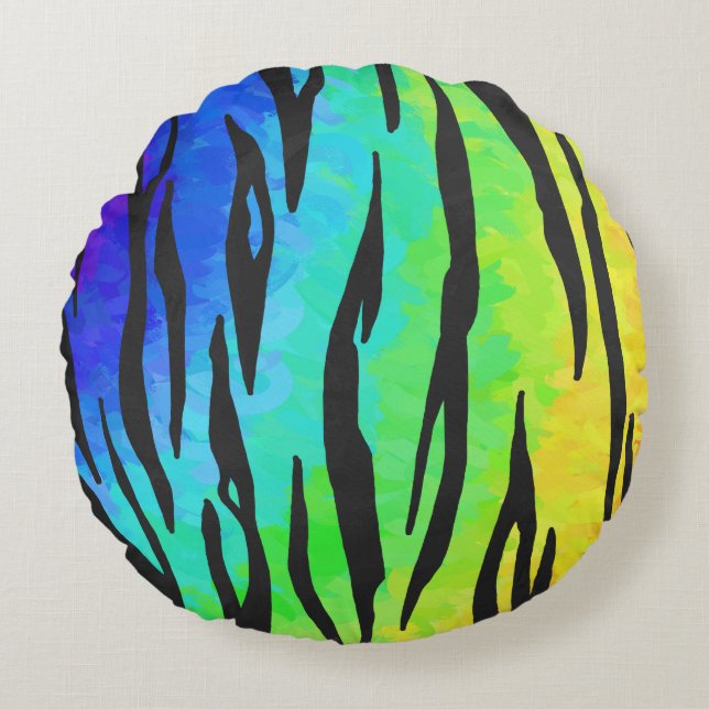 Tiger Black and Rainbow Stuff Rundes Kissen (Vorderseite)