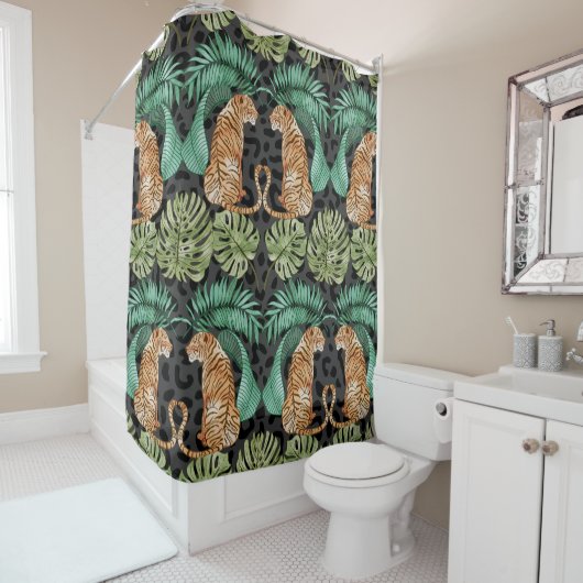 Tiger-Blätter: Wasserfarbiger Dschungel Nahtlos. Duschvorhang (Beispiel)
