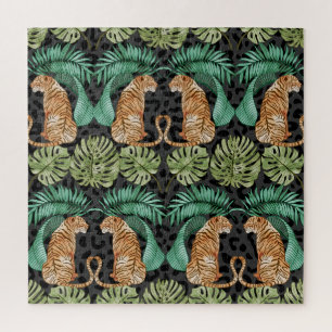 Tiger-Blätter: Wasserfarbiger Dschungel Nahtlos. Puzzle