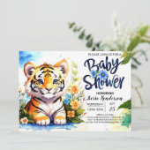 Tiger Cub Adventures Blue Baby Dusche Einladung (Stehend Vorderseite)