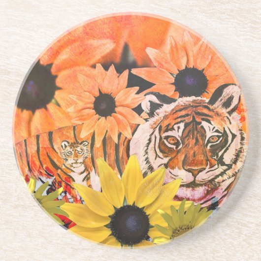 Tiger, Cub, Blume und Orangefarbene Farben Getränkeuntersetzer (Vorne)