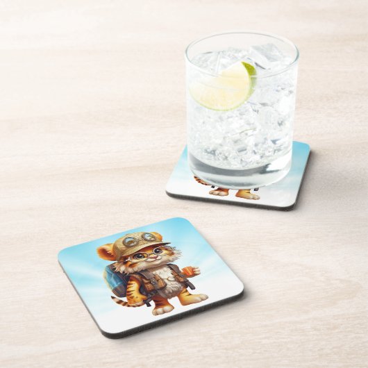 Tiger Cub mit Rucksack und Kaffee Getränkeuntersetzer (Rechte Seite)