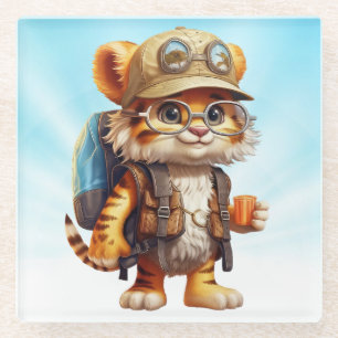 Tiger Cub mit Rucksack und Kaffee Glasuntersetzer