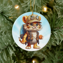 Tiger Cub mit Rucksack und Kaffee Keramik Ornament