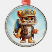 Tiger Cub mit Rucksack und Kaffee Ornament Aus Metall (Vorne)