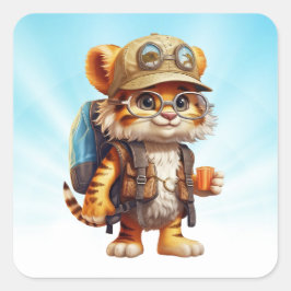 Tiger Cub mit Rucksack und Kaffee Quadratischer Aufkleber